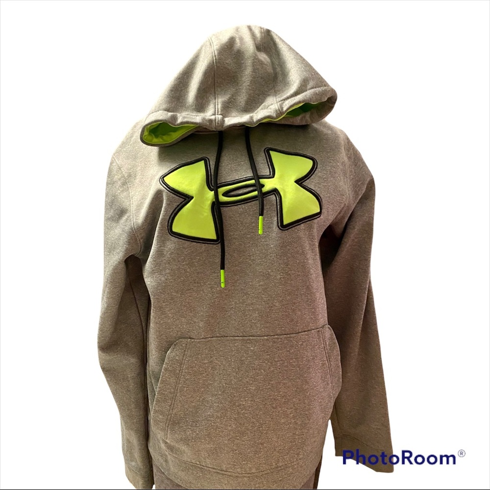 Men’s Under Armour Storm Pullover hoodie fleece sweatshirt Big Logo Gray Yellow
